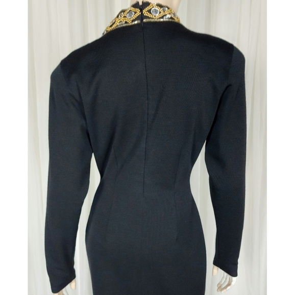 Vtg 80s black beaded wool wiggle cocktail dress evening gown M - Picture 6 of 10
